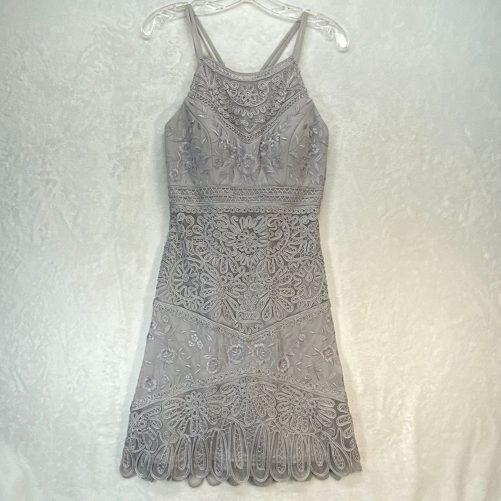 Sue Wong womens Size 8 Dress Nocturne Embellished Formal Gown Party Silver Gray